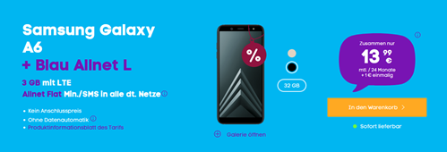 Bild zu Blau Allnet L (3GB LTE Daten + Allnet Flat + SMS Flat) inkl. Samsung Galaxy A6 (einmalig 1€) für 13,99€/Monat