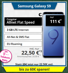 Bild zu congstar Allnet Flat im Telekom Netz (3GB LTE Datenvolumen, Allnet/SMS-Flat) inkl. Samsung Galaxy S9 (einmalig 111€) für 22,50€/Monat