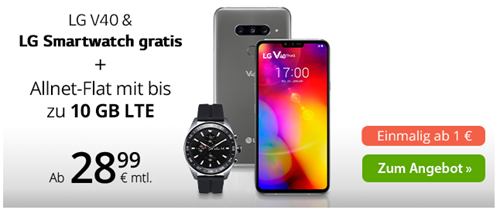 Bild zu WinSIM Tarif mit LTE Allnet Flat inkl. LG V40 Smartphone (Vergleich: 890€) & LG Smartwatch (Vergleich: 449€) ab 28,99€/Monat + einmalig 49,99€
