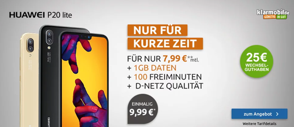 Bild zu [Super] Huawei P20 Lite für 9,99€ (Vergleich: 218,46€) mit Klarmobil Tarif mit 1GB Datenflat und 100 Freiminuten im Vodafone-Netz für 7,99€/Monat