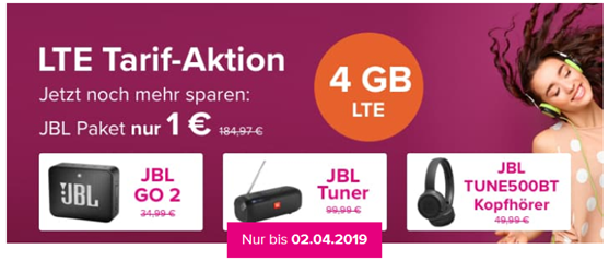 Bild zu [Knaller – nur noch heute] JBL Tuner  + JBL Tune 500BT  + JBL Go 2 für 1€ (Vergleich: 158,64€(  mit o2 Tarif (6 Monate Mindestlaufzeit) mit 4GBLTE, SMS und Sprachflat für 14,99€/Monat