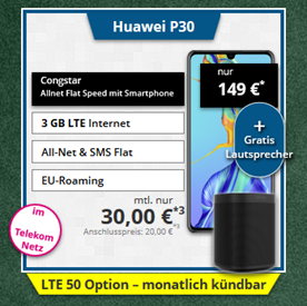 Bild zu Huawei P30 inkl. Sonos One (Vergleich: 905€) für einmalig 149€ im Congstar Tarif im Telekom Netz mir 3GB LTE Datenflat, SMS und Sprachflat für 30€/Monat