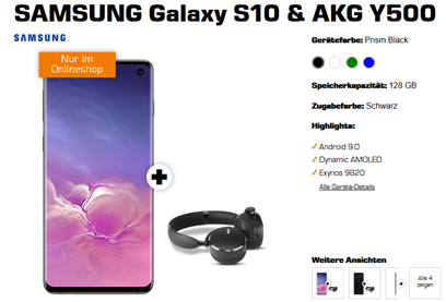 Bild zu SAMSUNG Galaxy S10 Dual-SIM & AKG Y500 Kopfhörer für 1€ mit Telekom Tarif (1,75 GB LTE, SMS und Sprachflat) für 29,95€/Monat