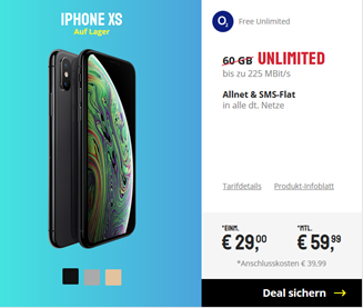 Bild zu iPhone XS für 29€ mit o2 Allnet Flat, SMS Flat und unbegrenzter LTE Datenflat für 59,99€/Monat