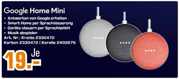 Bild zu [wieder da] Google Home Mini Smart Speaker für je 19€ zzgl. eventuell 4,99€ Versand