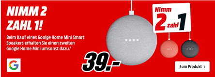 Bild zu Doppelpack Google Home Mini Smart Speaker für 43,99€ (Vergleich: 59,22€)