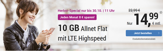 Bild zu 10GB LTE Datenflat, SMS und Sprachflat im o2 Netz für 14,99€/Monat – monatlich kündbar