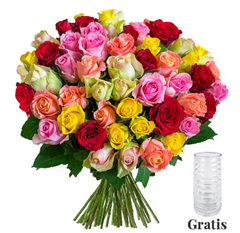Bild zu Blume Ideal: Blumenstrauß „RomanticRainbow“ mit 35 bunten Rosen + gratis Vase für 24,98€