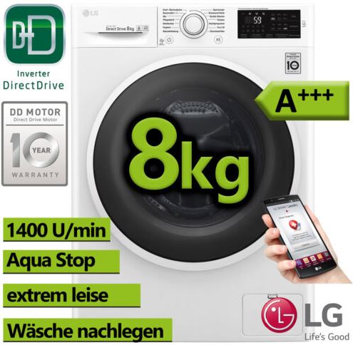 Bild zu LG Waschmaschine (F14WM8EN0) A+++ 8kg 1400 UpM, Frontlader, NFC, Aqua Stop für 333€ (VG: 419€)