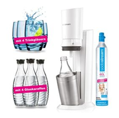 Bild zu SodaStream Crystal 2.0 white Wassersprudler inkl. 4 Glaskaraffen & 4 Design Trinkgläser für 129,99€ (Vergleich: 149,99€)