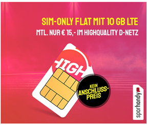 Bild zu Sparhandy High 10GB LTE Datenflat mit Allnet- und SMS Flat im Telekom Netz für 15€ im Monat