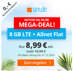 Bild zu Sim.de: o2-Netz mit 8GB LTE Datenflat, SMS und Sprachflat für 8,99€/Monat – optional ohne Mindestvertragslaufzeit