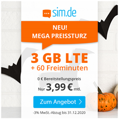 Bild zu Sim.de: o2 Netz mit 3GB Datenflat und 60 Freiminuten für 3,99€/Monat – optional ohne Mindestvertragslaufzeit