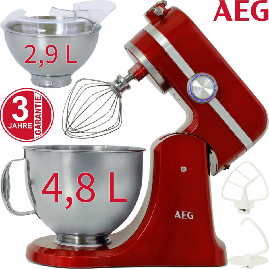 Bild zu AEG 1000 Watt Küchenmaschine inkl. 2 Edelstahl Schüsseln rot für 199,99€ (VG: 247,47€)