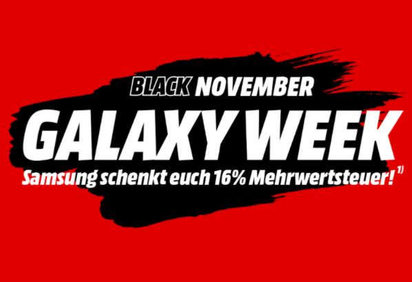 Bild zu MediaMarkt: Black November Galaxy Week – 16% MwSt. geschenkt auf Samsung Galaxy Smartphones, Watch3-Modelle, Galaxy Buds Live-Kopfhörer & Speicherkarten