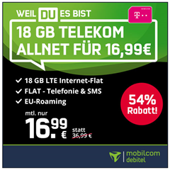 Bild zu Telekom green LTE mit 18GB LTE Datenflat, SMS und Sprachflat für 16,99€/Monat oder mit 26GB für 19,99€/Monat