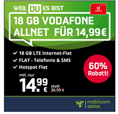 Bild zu [nur noch heute] 18GB LTE Datenflat, SMS und Sprachflat im Vodafone Netz für 14,99€ im Monat