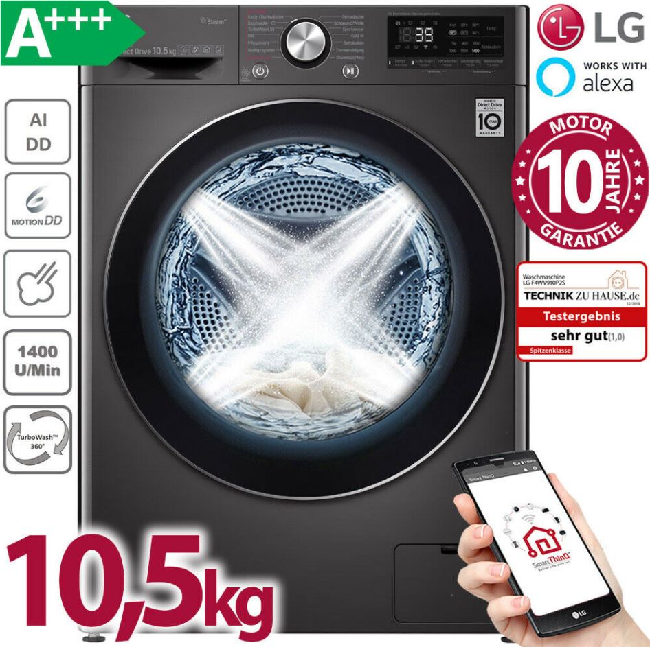 Bild zu [Super!] LG F4WV910P2S A+++ Waschmaschine (10,5kg, Frontlader, 1400Upm, Dampf, Inverter, Direktantrieb) für 539€ (VG: 970,99€)