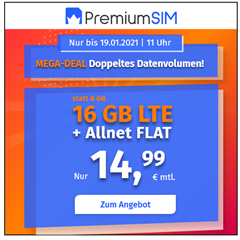 Bild zu PremiumSIM monatlich kündbaren Vertrag im o2-Netz mit 16 GB LTE Datenflat, SMS und Sprachflat für 14,99€/Monat