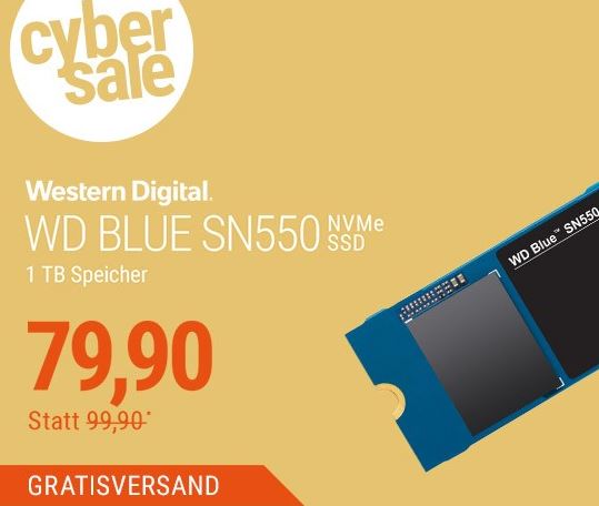 Bild zu [wenn weg, dann weg] WD Blue SN550 NVMe SSD 1 TB PCIe M.2 2280 für nur 79,90€ (VG: 89,90€)