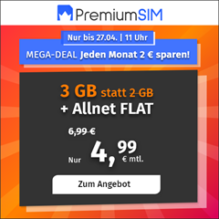 Bild zu PremiumSIM monatlich kündbaren Vertrag im o2-Netz mit 3GB (2 GB + 1 GB extra) LTE Datenflat, SMS und Sprachflat für 4,99€/Monat