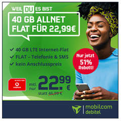 Bild zu 40GB LTE Datenflat mit SMS und Sprachflat im Vodafone Netz für 22,99€ im Monat