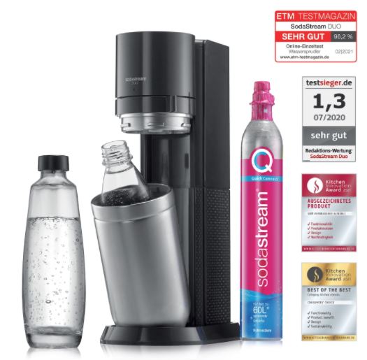 Bild zu SodaStream Duo Wassersprudler mit Quick Connect CO2-Zylinder + 1L Glasfalsche & 1L Kunststoffflasche für 79,99€ (VG: 94,99€)