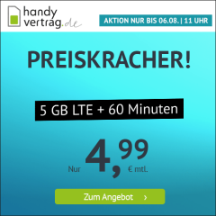 Bild zu Handyvertrag.de: 5GB LTE Datenflat + 60 Freiminuten im o2 Netz für 4,99€/Monat – jederzeit kündbar (Frist 1 Monat)