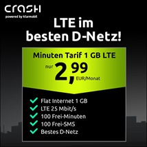 Bild zu [TOP – endet um 18 Uhr] Crash Minuten Tarif mit 1 GB LTE Datenvolumen, 100 Frei-Minuten und 100 Frei-SMS im Telekom-Netz für 2,99€/Monat