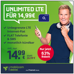 Bild zu [Top – noch bis 20 Uhr] o2 Unlimited LTE Datenflat (bis 10Mbit/s) inkl. Sprach–und SMS Flatrate für 14,99€/Monat – monatlich kündbar