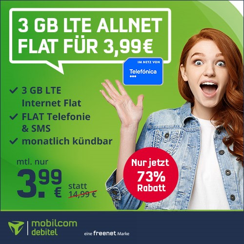 Bild zu [endet morgen] Monatlich kündbare 3 GB LTE Allnet Flat im Telefónica Netz inklusive Sprach–und SMS Flatrate für nur 3,99€ pro Monat