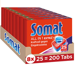 Bild zu Somat All in 1 Extra Spülmaschinen Tabs, 200 Tabs, Geschirrspül Tabs für extra kraftvolle Reinigung und Edelstahlglanz für 20,92€ (~ 10 Cent pro Tab)