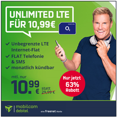 Bild zu [endet heute] o2 Unlimited LTE Datenflat (bis 2Mbit/s) inkl. Sprach–und SMS Flatrate für 10,99€/Monat – monatlich kündbar