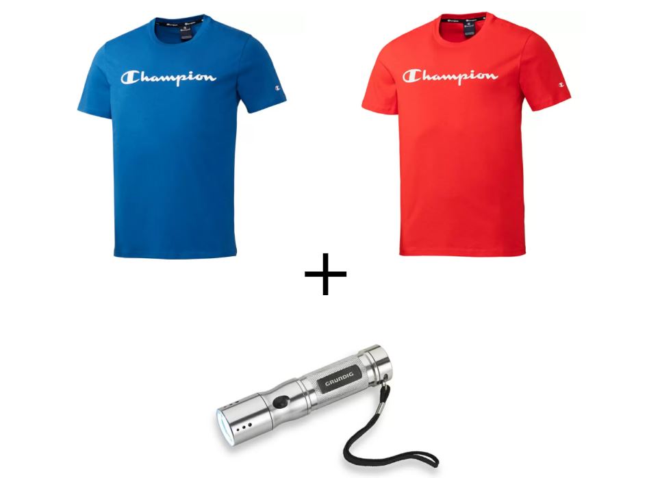 Bild zu 2x Champion Unisex T-Shirt + Gratis Grundig LED Taschenlampe für 38,98€ (VG: 46,98€)