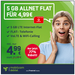Bild zu [bis 23:59 Uhr] 5GB LTE Datenflat mit Sprachflat im Vodafone Netz für 4,99€ im Monat