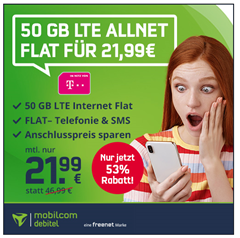 Bild zu [endet um 20Uhr] 50GB LTE Daten inkl. SMS und Sprachflat im Telekom Netz für 21,99€/Monat