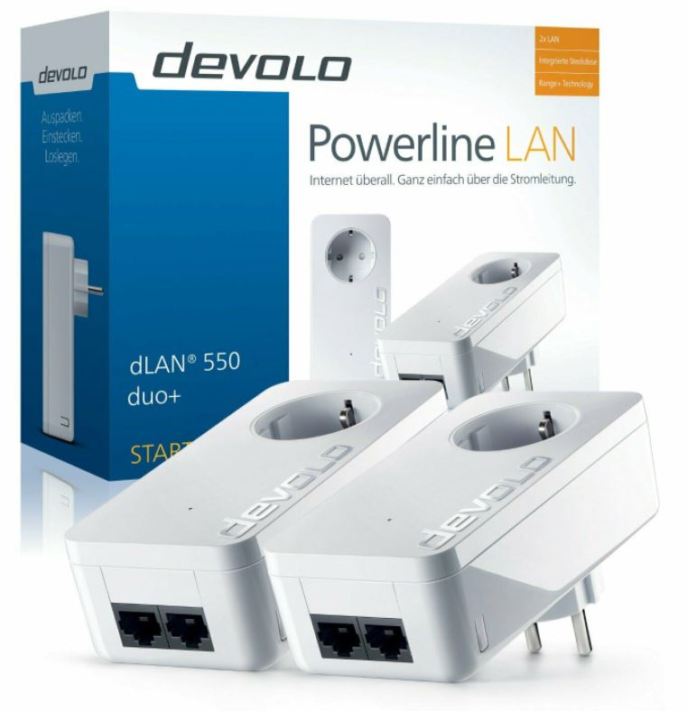 Bild zu Devolo dLan 550 duo+ Starter Kit mit je 2x LAN Anschlüssen für 59,90€ (VG: 73,95€) + Megenrabatt