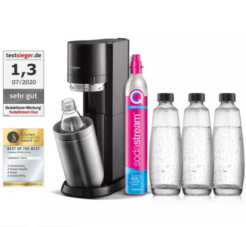 Bild zu SodaStream Duo Titan Mega Pack inkl. 3 Glasflaschen + 1 PET Flasche ab 97,36€ (VG: 124,98€)