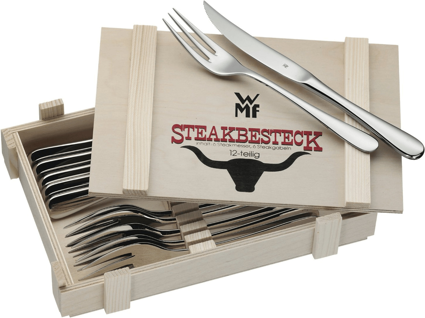 Bild zu 12-teiliges WMF Steakbesteck mit Holzkiste für 26,34€ (Vergleich: 32,80€)