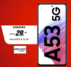 Bild zu Samsung Galaxy A53 5G für 29€ (VG: 313,95€) mit 11GB LTE Daten, SMS und Sprachflat im o2 Netz für 12,99€/Monat