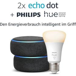 Bild zu 2 x Echo Dot (3. Gen.), Anthrazit Stoff + Philips Hue White Smart Bulb (E27) für 34,98€ (VG: 65,46€)