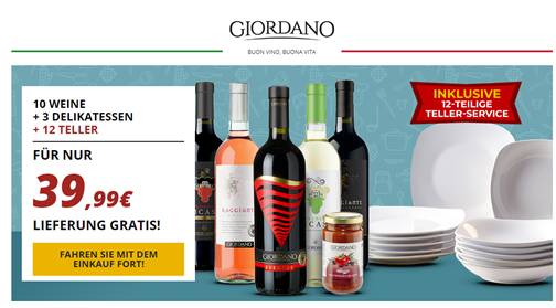 Bild zu Giordano Weinpaket mit 10 Weinen + 3 Delikatessen + 12 Teller für 39,99€ inklusive Versand