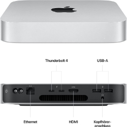 Bild zu [nur heute] Apple Mac mini 2023 M2 (8/256 GB, 8C CPU, 10C GPU, MMFJ3D/A) für 549€ (VG: 602,63€)
