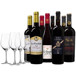 Bild zu Die Weinbörse: Weinpaket mit acht Flaschen Rotwein und 4 Gläsern für der beliebtesten Weine für 58,94€ (Sonst: 78,94€)