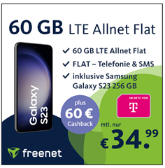 Bild zu Samsung S23 256GB für 79,99€ mit 60GB LTE Daten sowie SMS- und Sprachflat im Telekom-Netz für 34,99€/Monat + 60€ Cashback