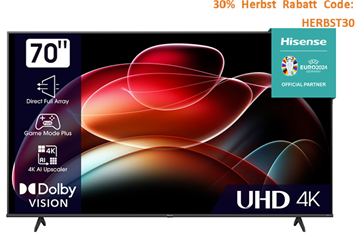 Bild zu 70”Hisense A6K LED TV 4K für 601,30€ (Vergleich: 727,40€)