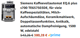 Retourenkauf-Prime Day] Siemens Kaffeevollautomat EQ.6 plus s700