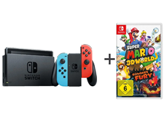Bild zu NINTENDO Switch Neon-Rot/Neon-Blau + Super Mario 3D World + Bowser’s Fury für 299,99€ (Vergleich: 328,51€)