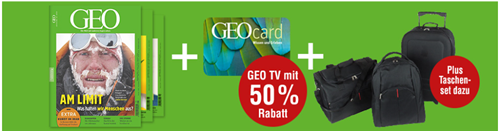 Bild zu 3 Ausgaben GEO + GEOcard + 50% GEO TV + Reisetaschen-Set für 20,50€