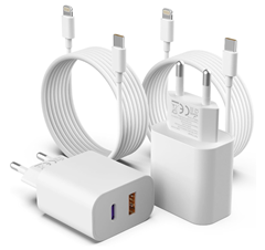 Bild zu Apple MFI zertifiziertes 20 Watt Schnellladegerät mit USB-C/USB-A und Ladekabel im Doppelpack für 10,49€